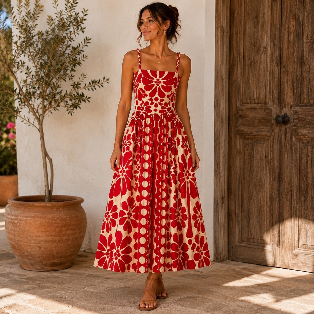 Christian Lacroix Dress Floral Linen Blend Crossover Back Summer Midi Red Size 4